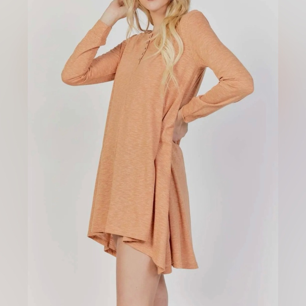 Partial Button Down A Line Long Sleeve Tunic Dress